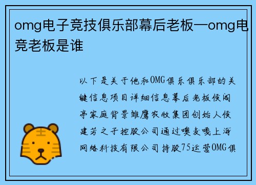 omg电子竞技俱乐部幕后老板—omg电竞老板是谁